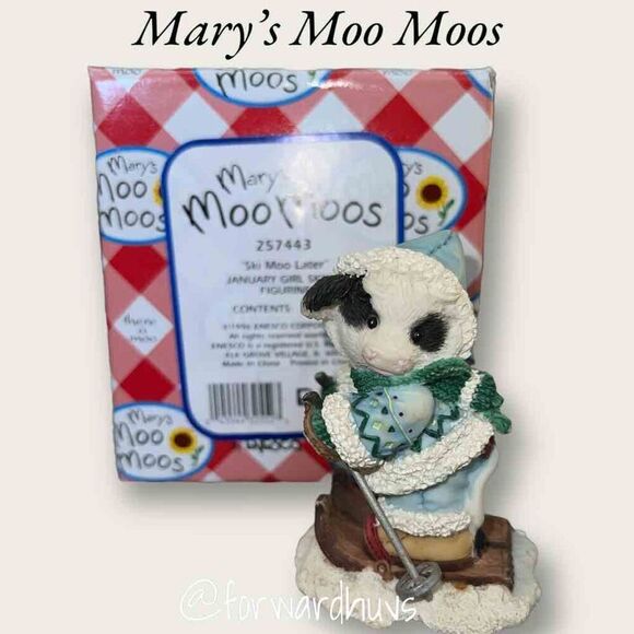 Vintage Mary Moo Moos “Ski Moo Later ” January Girl Skiing Figurine - In Box - Picture 6 of 9